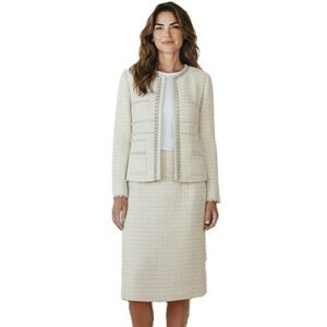 St John Italian Tweed Knit Jacket Womens Size 12 Ecru Fringe Beaded NEW